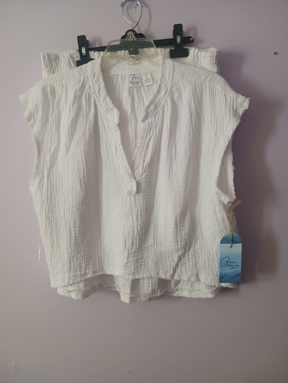 New White Gauze Split-Neck Swim Coverup Top and Matching Shorts